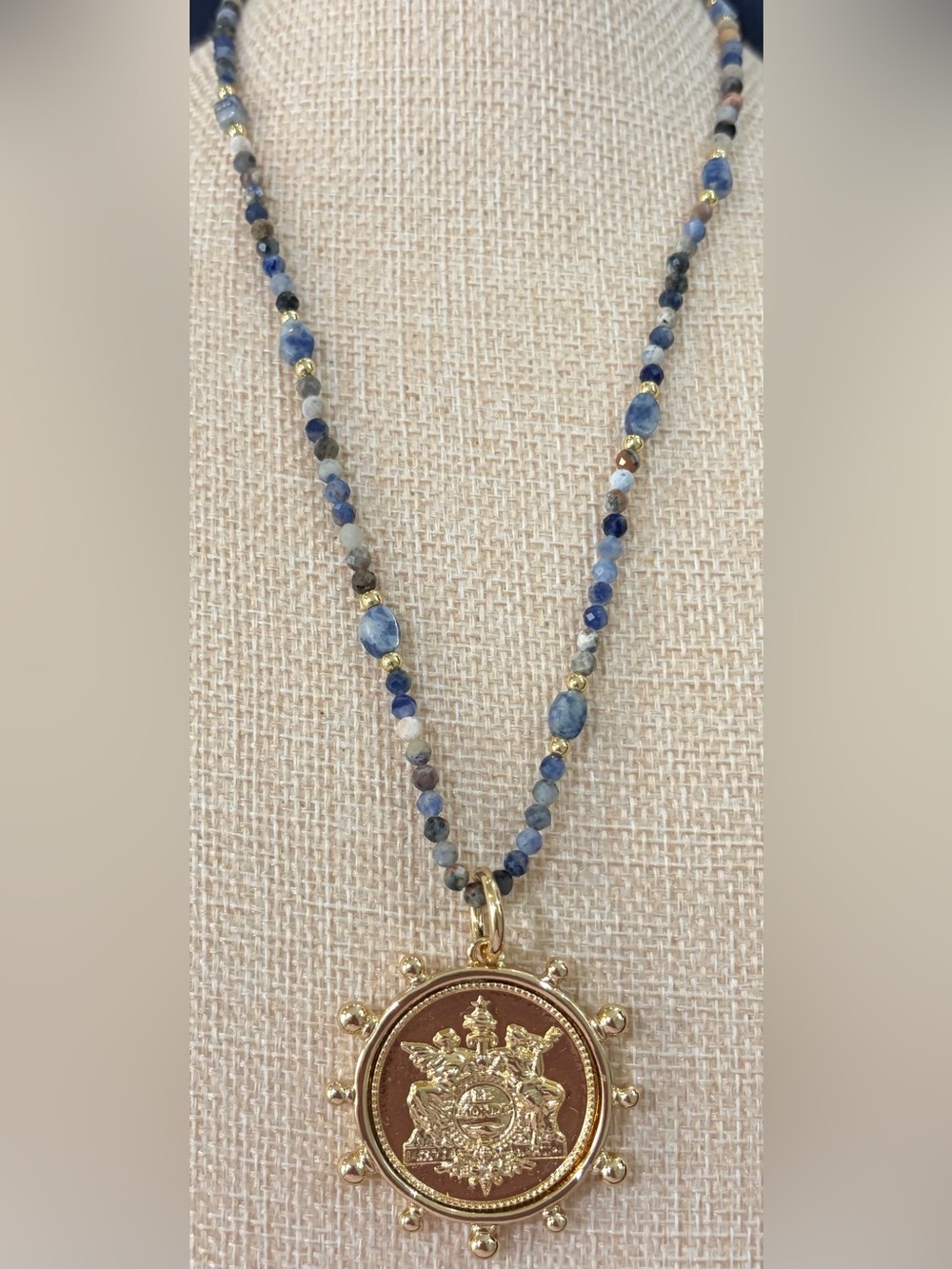 NEW Genuine Stones Gold Plated Pendant Coin Necklace with Blue Sodalite 16”-18”